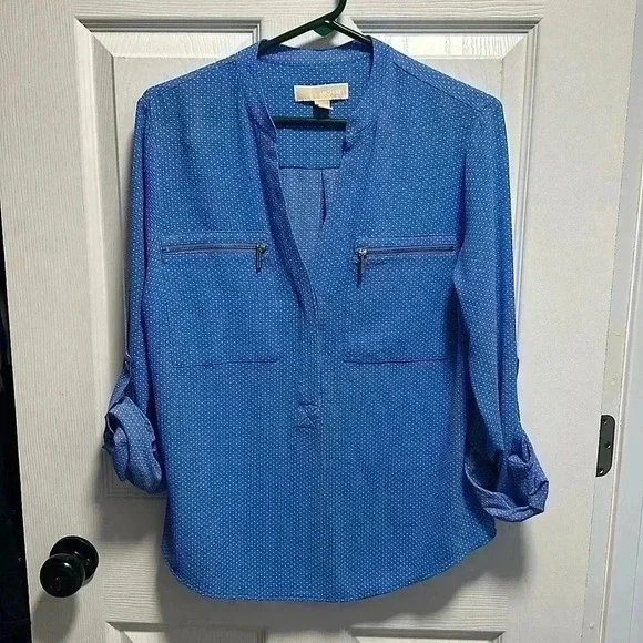 MICHAEL KORS BLUE POLKA DOT DRESS SHIRT WITH GOLD HARDWARE - Picture 2 of 4